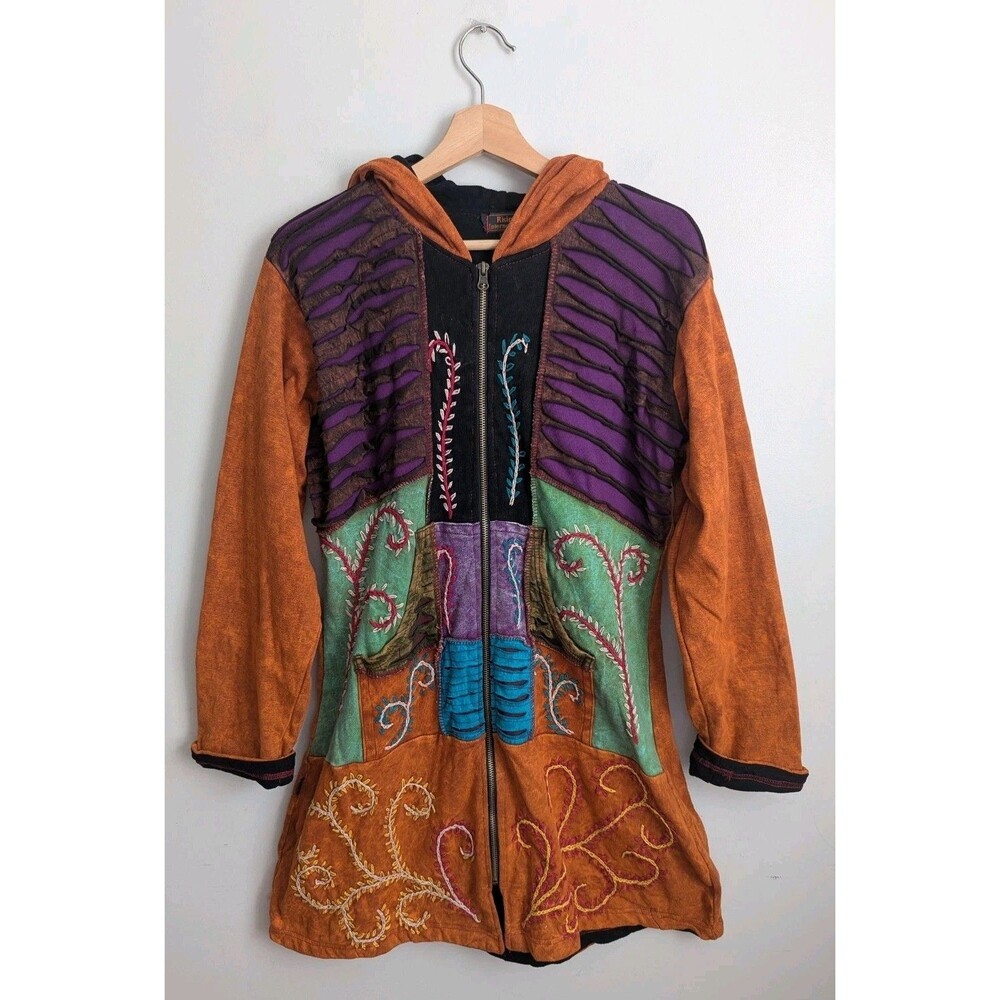 Rising International Womens XL Long Hoodie Jacket Hippy Patchwork Embroidery Zip